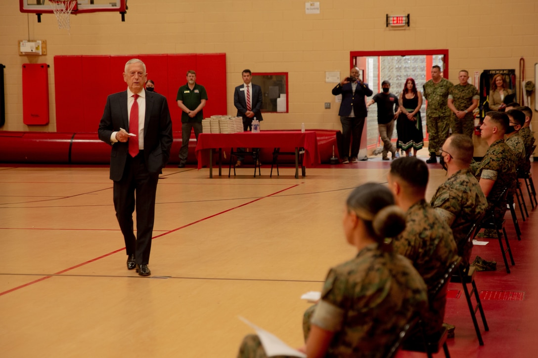 Retired U.S. Marine Corps General and former Secretary of Defense James Mattis speaks with U.S. Marines with Headquarters and Service Battalion, Fleet Marine Force Atlantic, U.S. Marine Corps Forces Command, Camp Elmore, Virginia, May 25, 2021. Mattis spoke about perseverance, leadership skills, his personal experiences in the Marine Corps and handed out signed copies of his book. (U.S. Marine Corps photo by Sgt. Kealii De Los Santos)