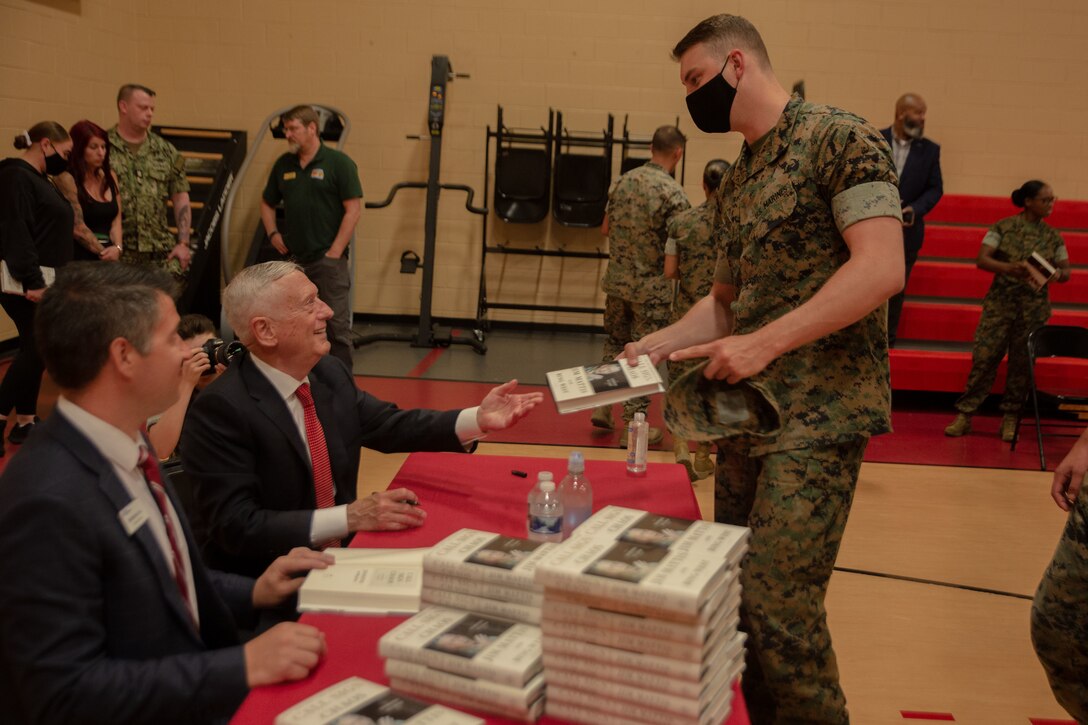 Retired U.S. Marine Corps General and former Secretary of Defense James Mattis speaks with U.S. Marines with Headquarters and Service Battalion, Fleet Marine Force Atlantic, U.S. Marine Corps Forces Command, Camp Elmore, Virginia, May 25, 2021. Mattis spoke about perseverance, leadership skills, his personal experiences in the Marine Corps and handed out signed copies of his book. (U.S. Marine Corps photo by Sgt. Kealii De Los Santos)