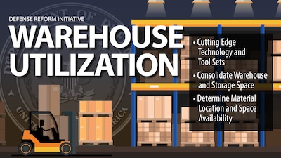 A graphic displays the words Warehouse Utilization, Cutting Edge Technology and Tool Sets, Consolidate Warehouse and Storage Space, Determine Material Location and Space Availability with pictures of a forklift, boxes and shelves in the background.