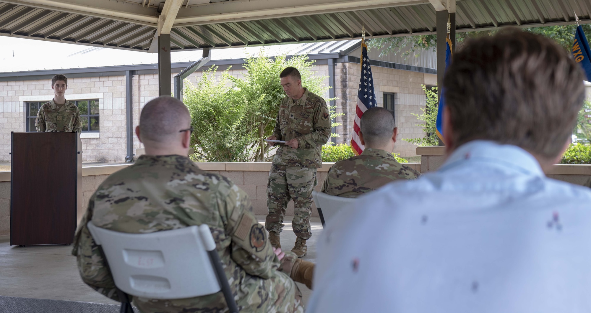 Lt. Col. Daniel Muggelberg addresses the 28th Operational Weather Squadron for the first time after assuming command during a ceremony on June 2, 2021, at Shaw Air Force Base, South Carolina.