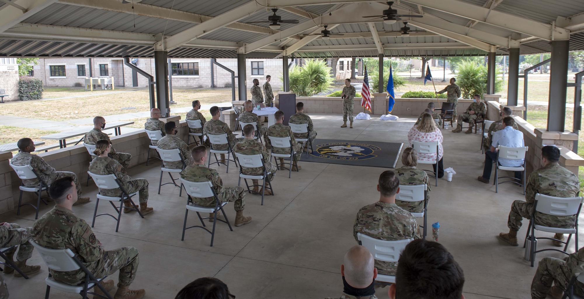 Col. Bradley Stebbins, 1st Weather Group commander, addresses patrons at the 28th Operational Weather Squadron during an assumption of command ceremony on June 2, 2021, at Shaw Air Force Base, South Carolina.