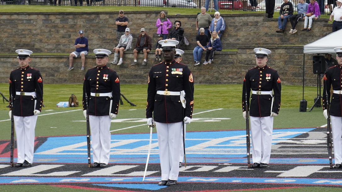 The U.S. Marine Corps Silent Drill Platoon held their final performance for Recruiting Station (RS) Cleveland at the Pro Football Hall of Fame in Canton, Ohio, June 2, 2021. The Marines were given a tour of the hall of fame and got to meet the CEO, Carl David Baker, after their trip from Detroit to Canton. (U.S. Marine Corps photo by Sgt. Jason A. Kolela)