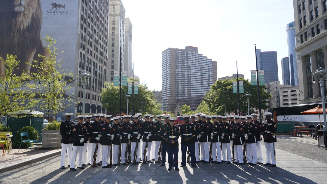 The U.S. Marine Corps Silent Drill Platoon performed at three venues in the Michigan area in support of Recruiting Station (RS) Cleveland and RS Lansing, June 1, 2021. After each performance they conducted a meet and greet with the audiences, poolees and recruiters. (U.S. Marine Corps photo by Sgt. Jason A. Kolela)
