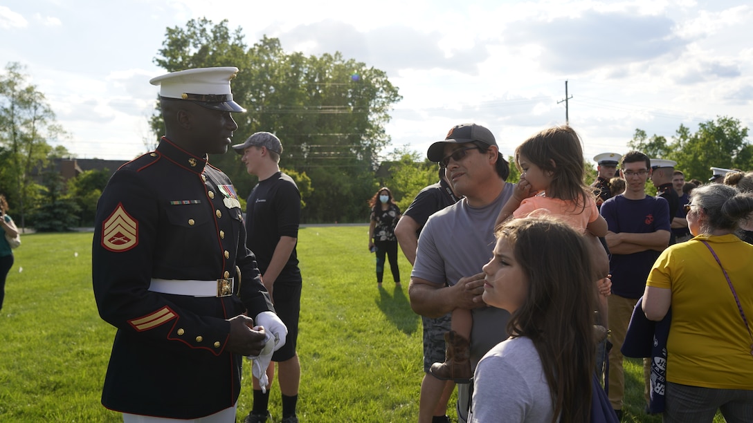 The U.S. Marine Corps Silent Drill Platoon performed at three venues in the Michigan area in support of Recruiting Station (RS) Cleveland and RS Lansing, June 1, 2021. After each performance they conducted a meet and greet with the audiences, poolees and recruiters. (U.S. Marine Corps photo by Sgt. Jason A. Kolela.