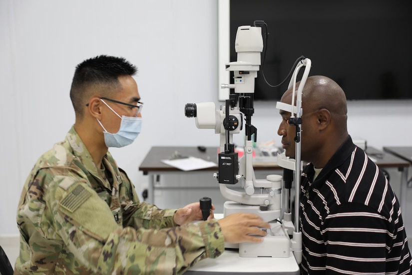 The optometry clinic team with the 3rd Medical Command’s expeditionary command post, provides important medical care to Soldiers at Joint Training Center, Jordan. The 3rd Medical Command (Deployment Support), “Desert Medics,” set up an ECP at the JTC in Jordan on May 25th, 2021. The entire exercise will run for approximately three weeks. Operation Eagle’s Landing is conducted in order to enhance the unit’s expeditionary mission command capability with its medical equipment, services, and command and control within the U.S. Central Command area of responsibility. (U.S. Army photo by Capt. Elizabeth Rogers)