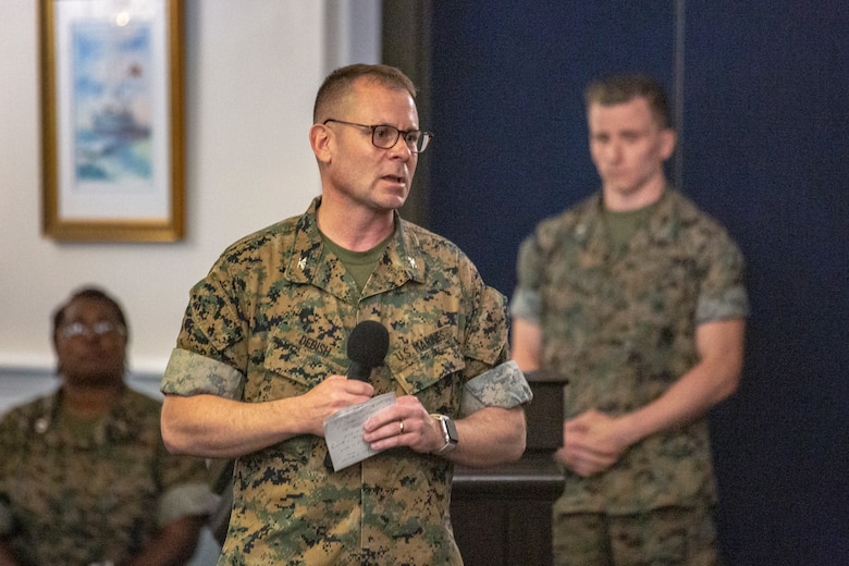 U.S. Marine Corps Col. Edward J. Debish, the commanding officer of Marine Corps Cyberspace Operations Group, gives his remarks during the activation ceremony of 2nd Network Battalion on Marine Corps Base Camp Lejeune, North Carolina, June 3, 2021. 2nd Network Battalion was activated to ensure the operation of a resilient network that enables mission execution in the face of persistent cyber threats. (U.S. Marine Corps photo by Lance Cpl. Isaiah Gomez)