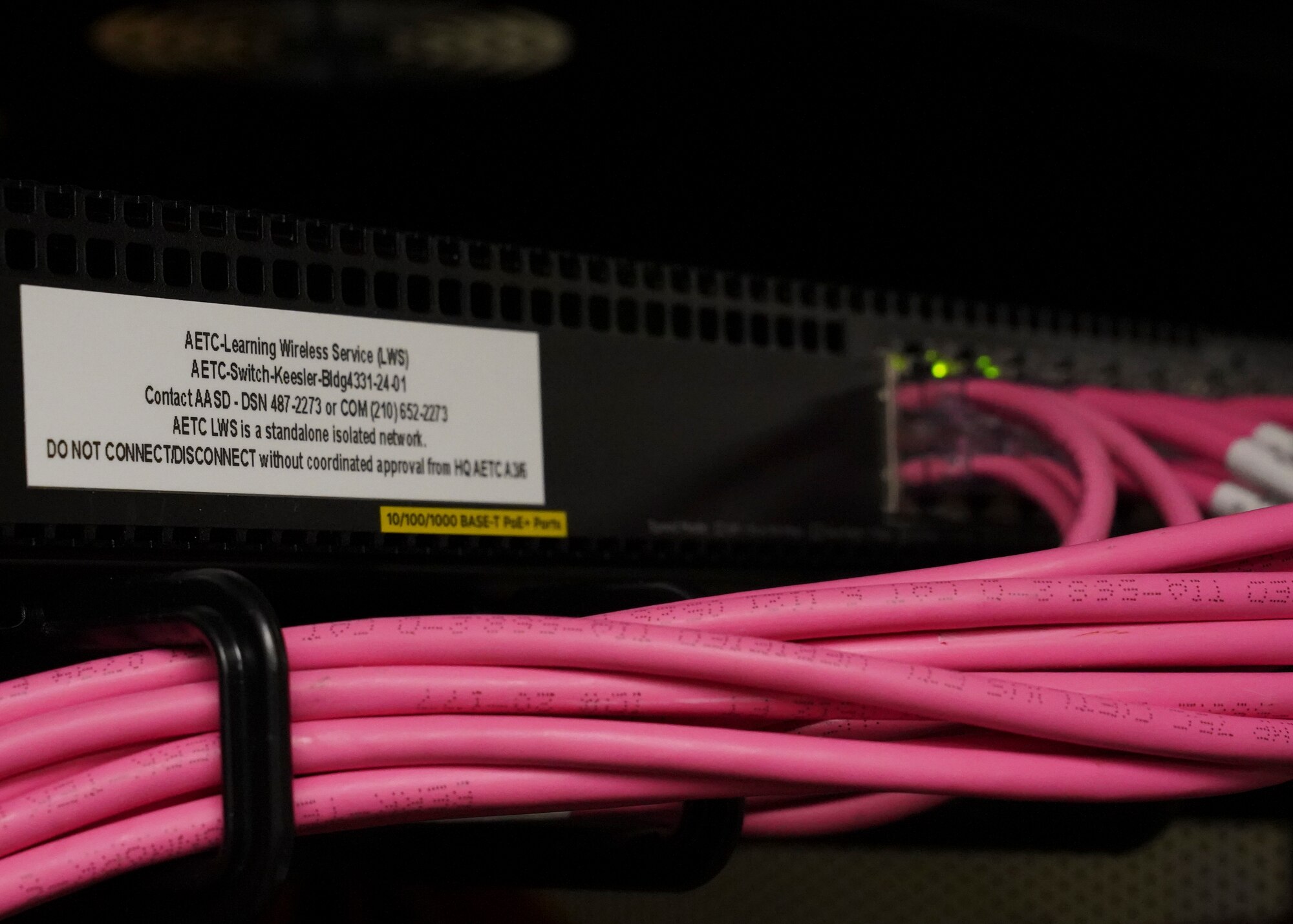 A Learning Wi-Fi Service distribution switch sits in the Allee Hall communication room at Keesler Air Force Base, Mississippi, May 25, 2021. The Learning Wi-Fi Service is a standardized and accredited commercial wireless internet service dedicated to support military training both inside and out of the classroom. (U.S. Air Force photo by Senior Airman Spencer Tobler)
