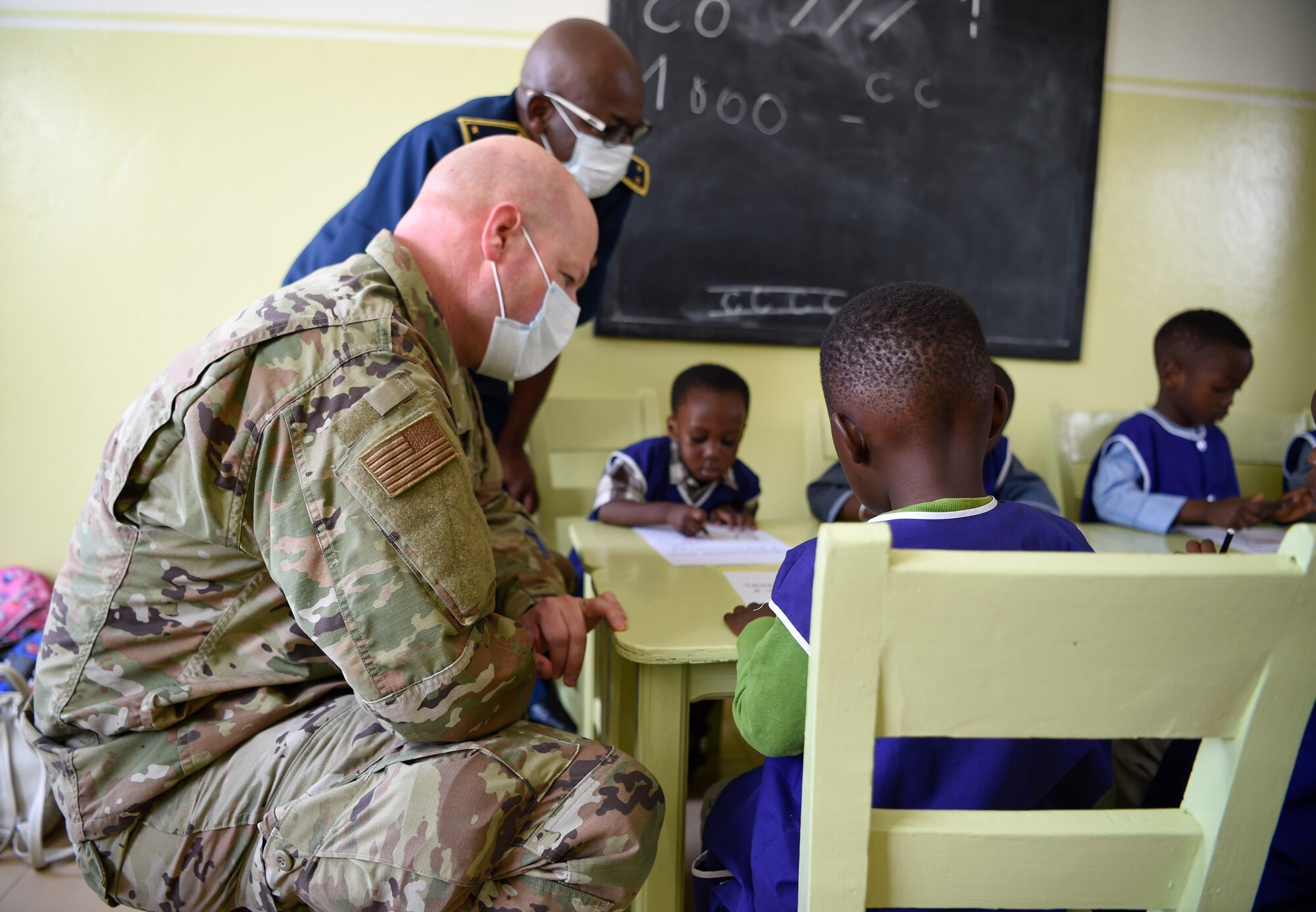 Brig. Gen. Christopher Ireland, U.S. Air Forces in Europe-Air Forces Africa chief of staff, visits the child development center in Dakar, Senegal, May 28, 2021. To conclude the engagement, the force development team visited the CDC and donated over 2,500 medical-grade masks to assist in the continued fight against COVID-19. (U.S. Air Force photo by 1st Lt. Hannah Durbin)