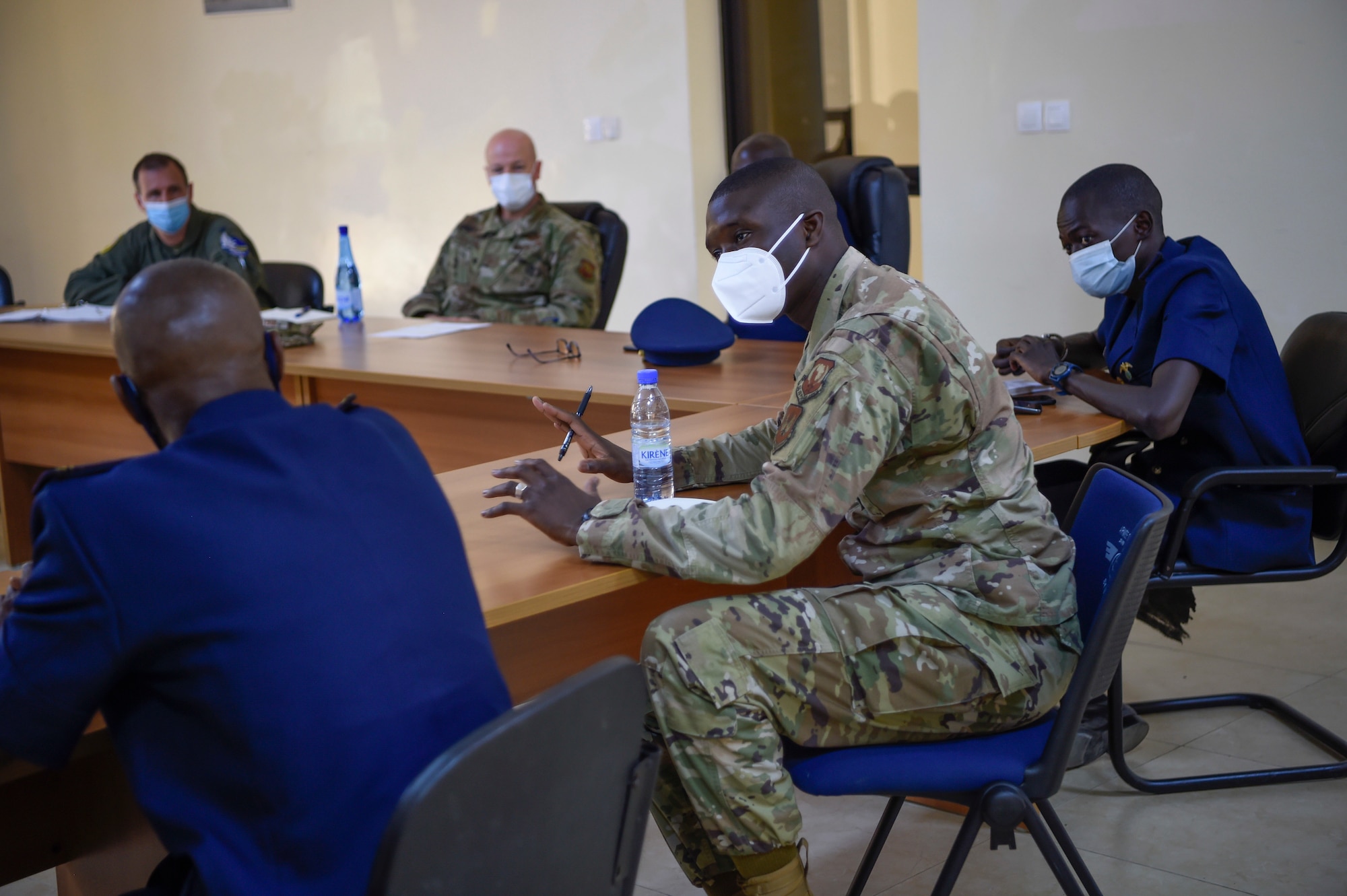 1st Lt. Aboubacar Baro, 86th Operational Support Squadron executive officer, translates discussions between English and Wolof in Dakar, Senegal, May 27, 2021. Wolof is the most widely spoken language in Senegal, so Baro's translation services were critical to the engagement's success. (U.S. Air Force photo by 1st Lt. Hannah Durbin)