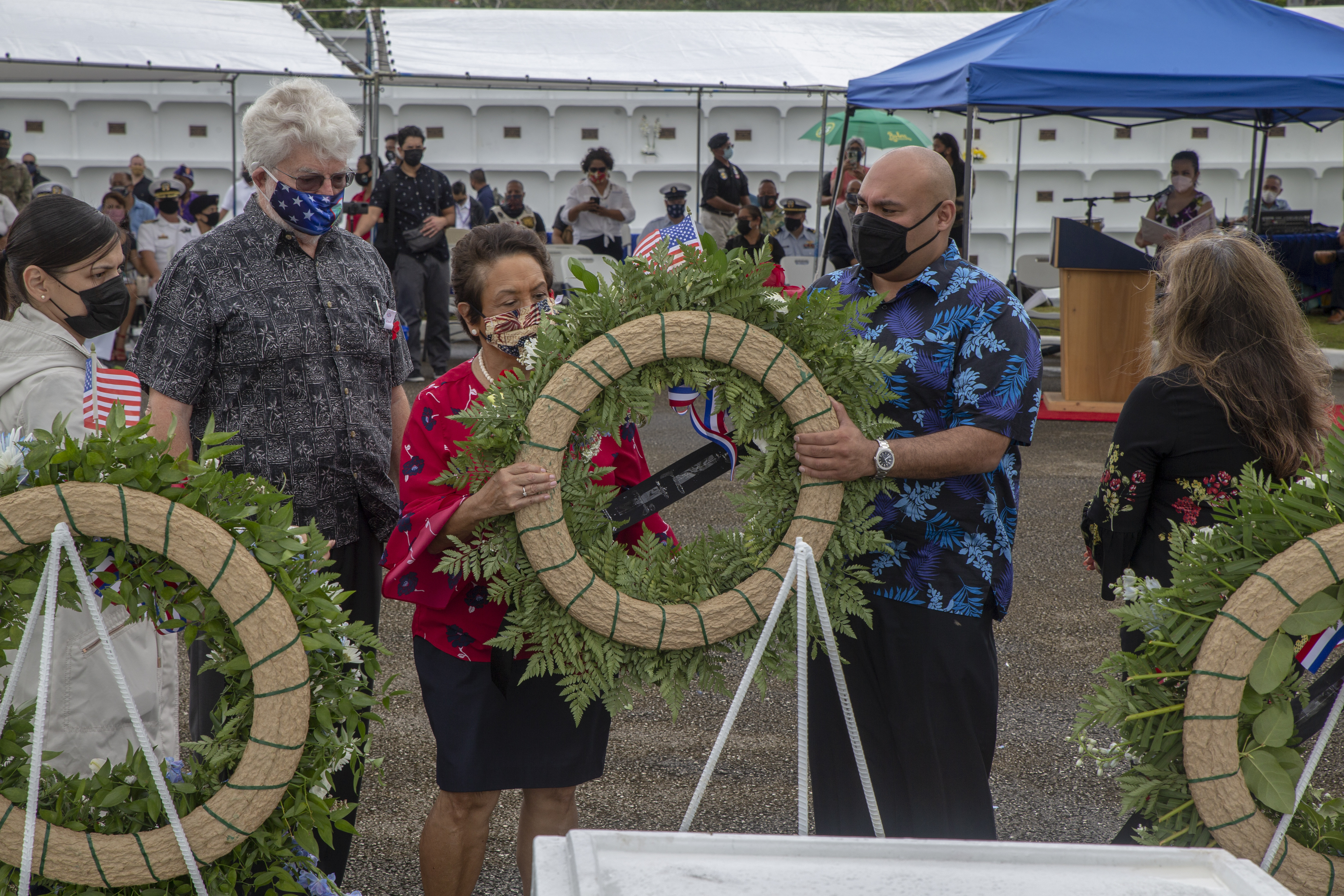 The Honorable Lourdes A. Leon Guerrero, the governor of Guam, and the Honorable Joshua F. Tenorio, the lieutenant governor of Guam, lay a wreath during the annual Memorial Day Commemoration at Guam Veterans Cemetery in Piti, Guam, May 31, 2021.