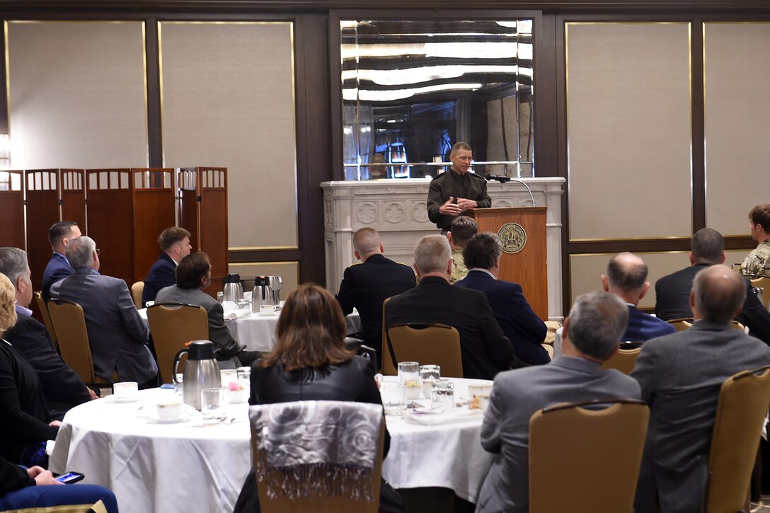 Sgt. Maj. of the Army, Michael A. Grinston, discusses Army priorities, developing engaged leaders, and building cohesive teams that are highly trained, disciplined and fit, in Chicago, May 28, 2021 during a breakfast with the Chicago Gold Chapter of the Young Presidents’ Organization.