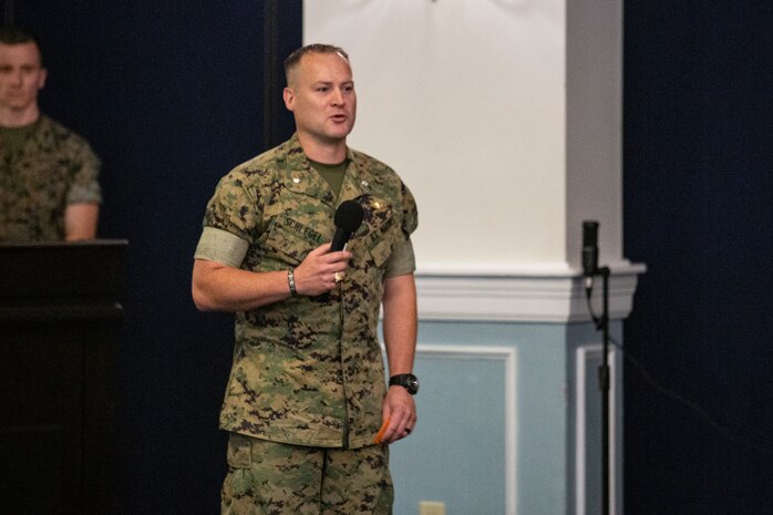 U.S. Marine Corps Lt. Col. Karl W. Schlegel, the commanding officer for 2nd Network Battalion, gives his remarks during the activation ceremony of 2nd Network Battalion on Marine Corps Base Camp Lejeune, North Carolina, June 3, 2021. 2nd Network Battalion was activated to ensure the operation of a resilient network that enables mission execution in the face of persistent cyber threats.