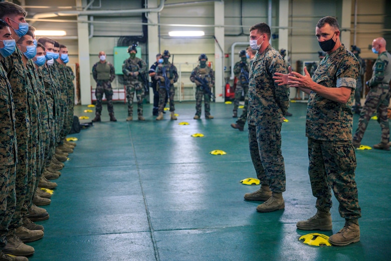 U.S. Marine Corps Maj. Gen. Francis Donovan, the commanding general of 2d Marine Division, engages with Marines with 2d Battalion, 6th Marine Regiment (2/6), aboard amphibious helicopter carrier Dixmude, May 31, 2021. Donovan visited 2/6 in France during Exercise Skrenvil, a bilateral amphibious event designed to bolster collaboration with allied nations and to maintain global security in key maritime terrain. While abroad, Donovan also engaged with key leaders in the French Armed Forces to strengthen relationships in order to refine interoperability for future cooperation. (U.S. Marine Corps photo by Sgt. Margaret Gale)