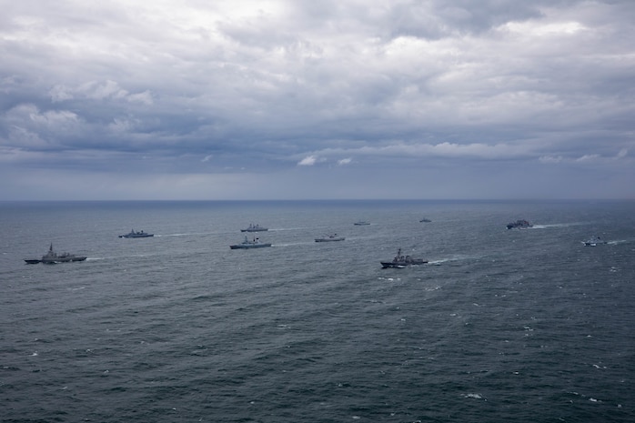 210520-N-CJ510-1238 ATLANTIC OCEAN (May 20, 2021) The Arleigh Burke-class guided-missile destroyer USS Roosevelt (DDG 80) and At Sea Demo/Formidable Shield participating nations’ ships sail in formation, May 20, 2021. At-Sea Demo/Formidable Shield, conducted by Naval Striking and Support Forces NATO on behalf of U.S. Sixth Fleet, is a live-fire integrated air and missile defense (IAMD) exercise that improves Allied interoperability using NATO command and control reporting structures. (U.S. Navy photo by Mass Communication Specialist 2nd Class Andrea Rumple/Released)