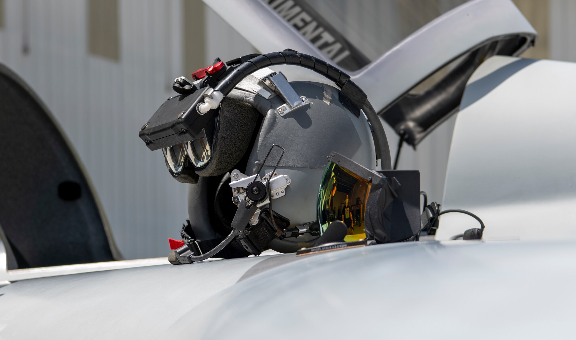 The augmented reality headset is displayed on the wing of a Berkut in Santa Monica, Calif., April 14, 2021.
