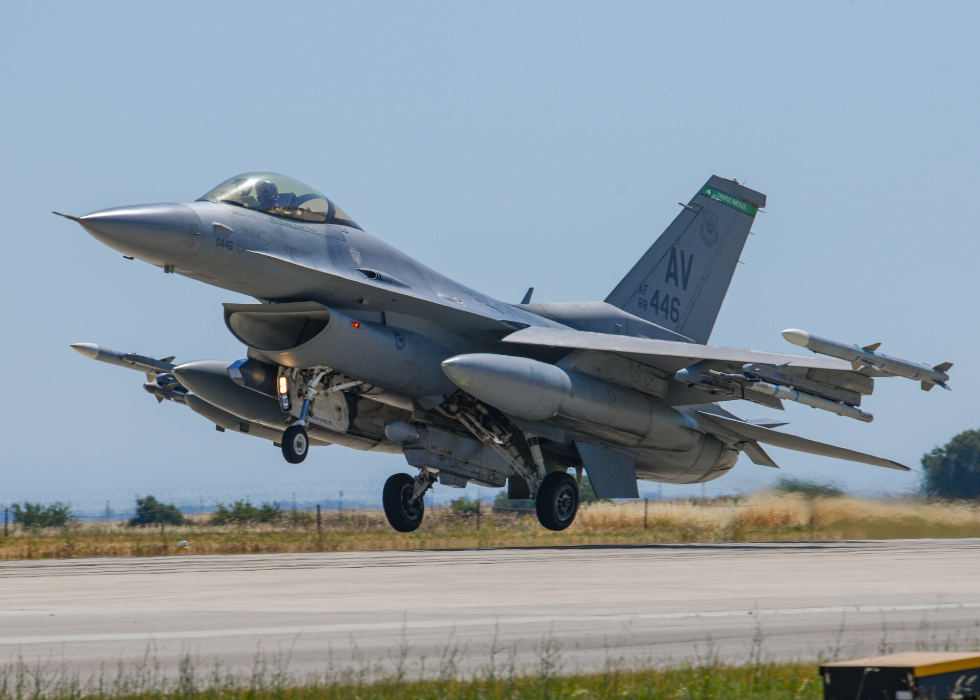 A U.S. Air Force F-16C Fighting Falcon assigned to the 555th Fighter Squadron participating in Falcon Strike 21 (FS21) lands at Amendola Air Base, Italy, June 4, 2021. FS21 is an exercise designed to provide advanced and realistic aircrew training through fourth and fifth generation integration. Exercises like FS21 provide a venue to train with other nations, build readiness, practice interoperability, and enhance enduring relationships. (U.S. Air Force photo by Airman 1st Class Brooke Moeder)