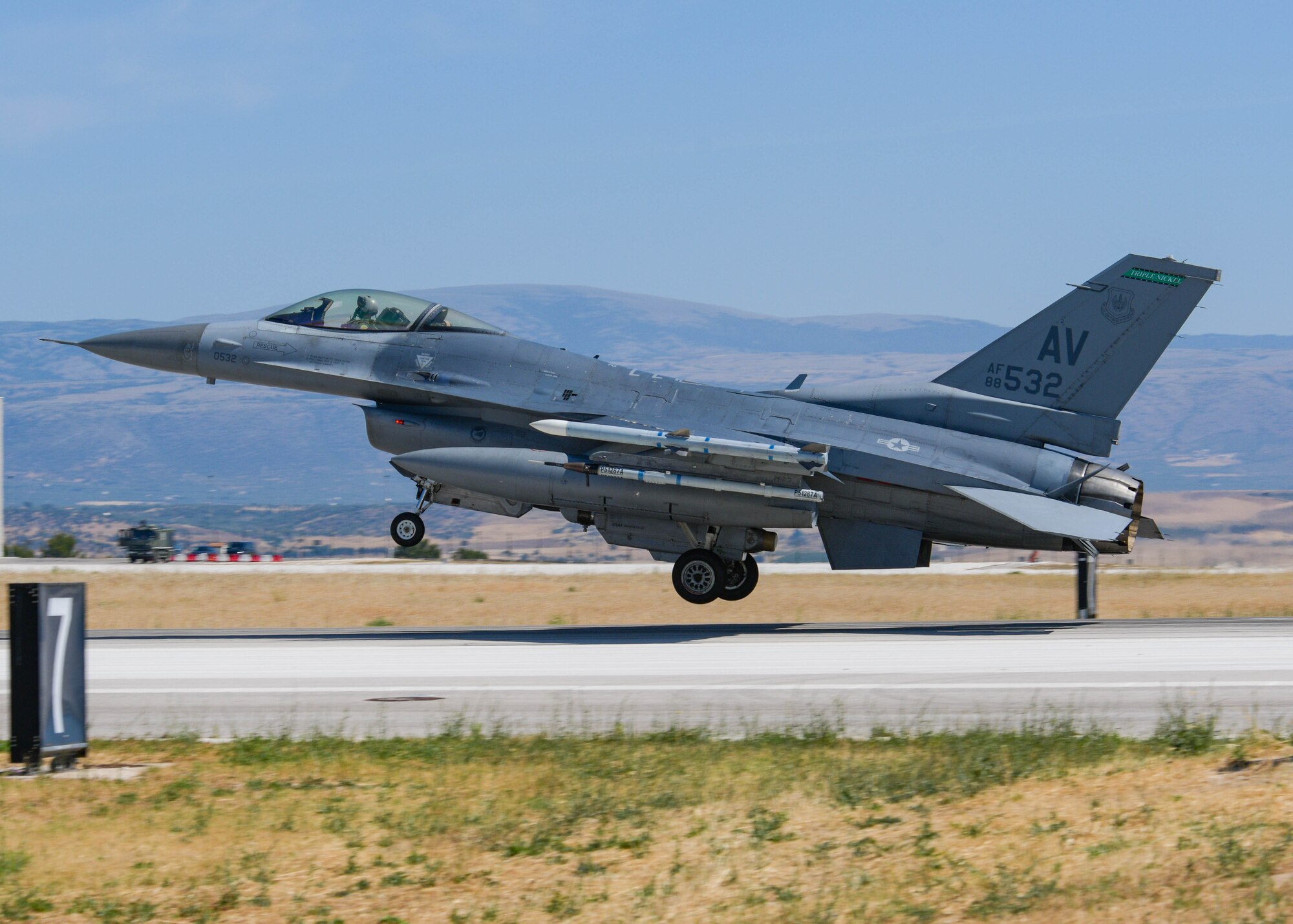 A U.S. Air Force  F-16C Fighting Falcon assigned to the 555th Fighter Squadron participating in Falcon Strike 21 (FS21) lands at Amendola Air Base, Italy, June 4, 2021. Six F-16C aircraft are participating in FS21, an exercise involving service members from the U.S., Israel, Italy and the United Kingdom to integrate fourth  and fifth generation fighter capabilities in a large force employment event. FS21 builds upon nations’ joint capabilities, ensuring a stronger partnership and enhanced interoperability. (U.S. Air Force photo by Airman 1st Class Brooke Moeder)
