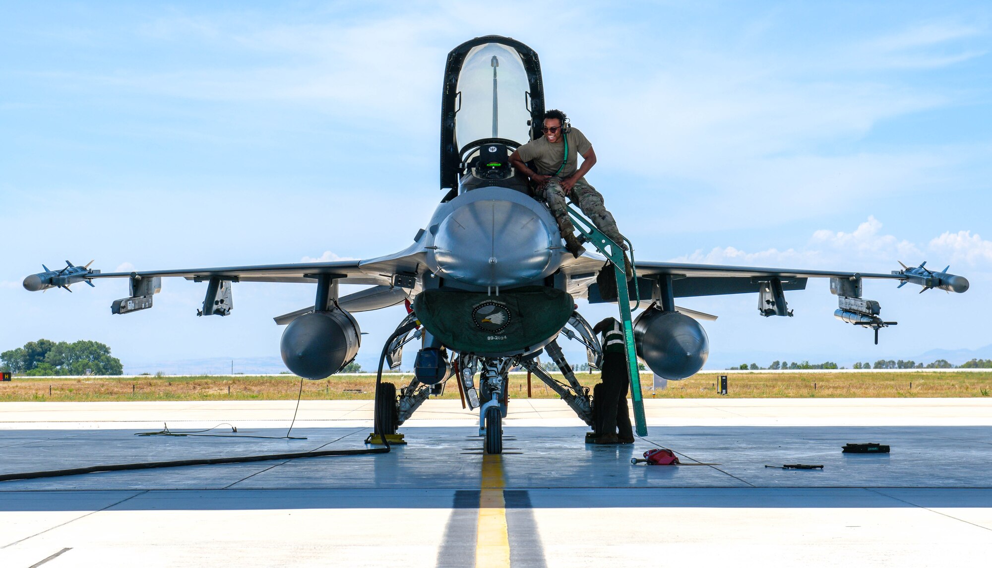 U.S. Air Force Staff Sgt. Jordan Mooring, 555th Aircraft Maintenance Unit F-16 Fighting Falcon crew chief, prepares to perform recovery operations on a U.S. Air Force F-16 Fighting Falcon assigned to the 555th Fighter Squadron at Amendola Air Base, Italy, June 4, 2021. Six U.S. Air Force F-16C aircraft will be participating  in Falcon Strike 21 (FS21), an exercise involving service members from the U.S., Israel, Italy and the United Kingdom to integrate fourth and fifth generation fighter capabilities in a large force employment event. The exercise is a multilateral military training exercise conducting air operations in a contested multinational force environment. (U.S. Air Force photo by Airman 1st Class Brooke Moeder)