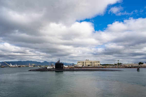The Los Angeles-class fast-attack submarine USS Columbia (SSN 771) departs Joint Base Pearl Harbor-Hickam for Exercise Agile Dagger 2021 (AD21).