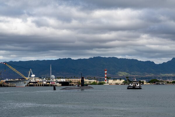 The Los Angeles-class fast-attack submarine USS Columbia (SSN 771) departs Joint Base Pearl Harbor-Hickam for Exercise Agile Dagger 2021 (AD21).