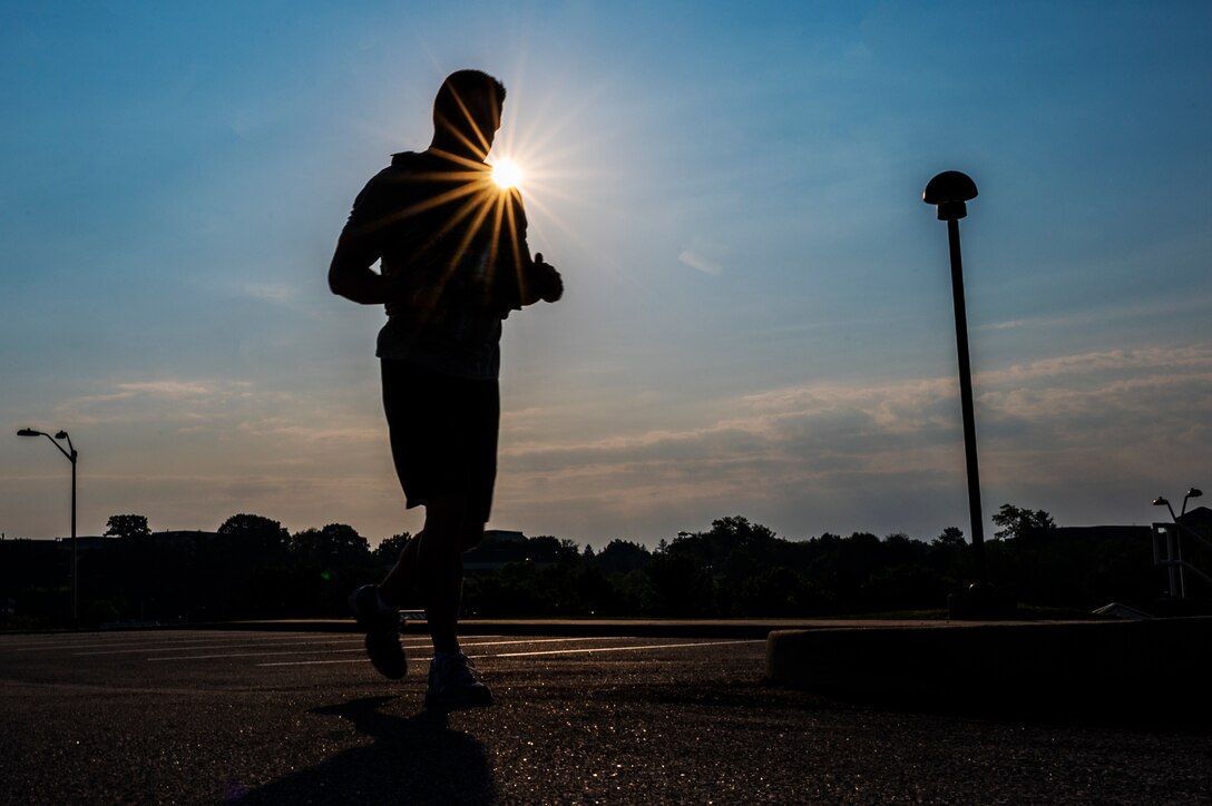 Master Sgt. James Stamos, 911th Security Forces Squadron mobility and resources noncommissioned officer, runs a mile as part of the Murph Challenge at the Pittsburgh International Airport Air Reserve Station, Pennsylvania, May 26, 2021.