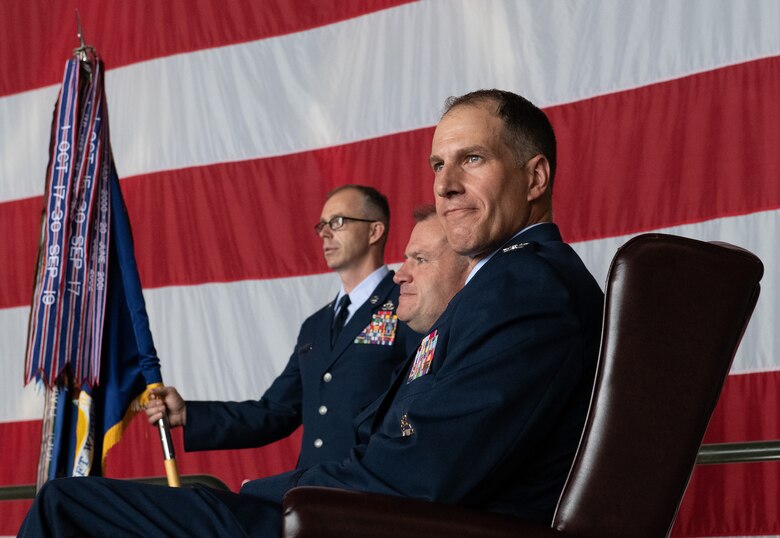 Col. Matthew Husemann, 436th Airlift Wing commander, looks to the audience during the 436th AW assumption of command ceremony on Dover Air Force Base, Delaware, June 4, 2021. Husemann returns to Dover AFB following an assignment at Ramstein Air Base, Germany. (U.S. Air Force photo by Master Sgt. Chuck Broadway)