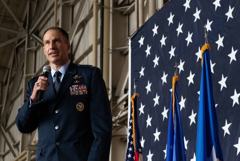 Col. Matthew Husemann, 436th Airlift Wing commander, addresses the wing for the first time during an assumption of command ceremony on Dover Air Force Base, Delaware, June 4, 2021. Upon taking command, Husemann became the wing’s 36th commander. (U.S. Air Force photo by Master Sgt. Chuck Broadway)