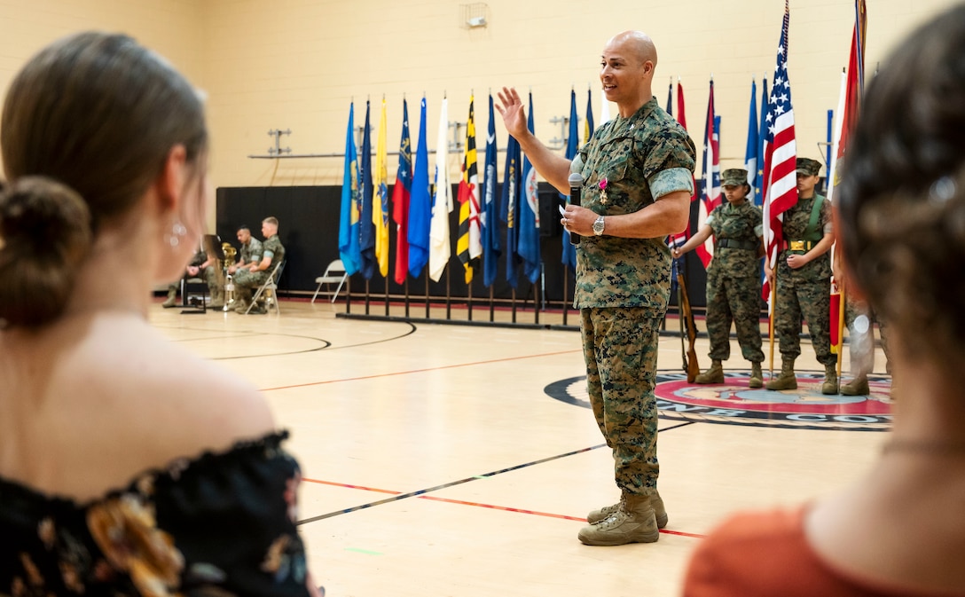 NORFOLK, Virginia (June 4, 2021) -- U.S. Marine Corps Col. Mark R. Reid, the outgoing Commanding Officer of Headquarters and Service Battalion (HQSVCBN), Fleet Marine Force Atlantic, U.S. Marine Corps Forces Command, U.S. Marine Corps Forces Northern Command offers remarks during the HQSVCBN change of command ceremony at the Camp Elmore Gymnasium in Norfolk, Virginia. The ceremony signifies the transfer of command authority and responsibility from Reid to Col. Gabrielle M. Hermes. (U.S. Marine Corps photo by Jonathan Donnelly/Released)