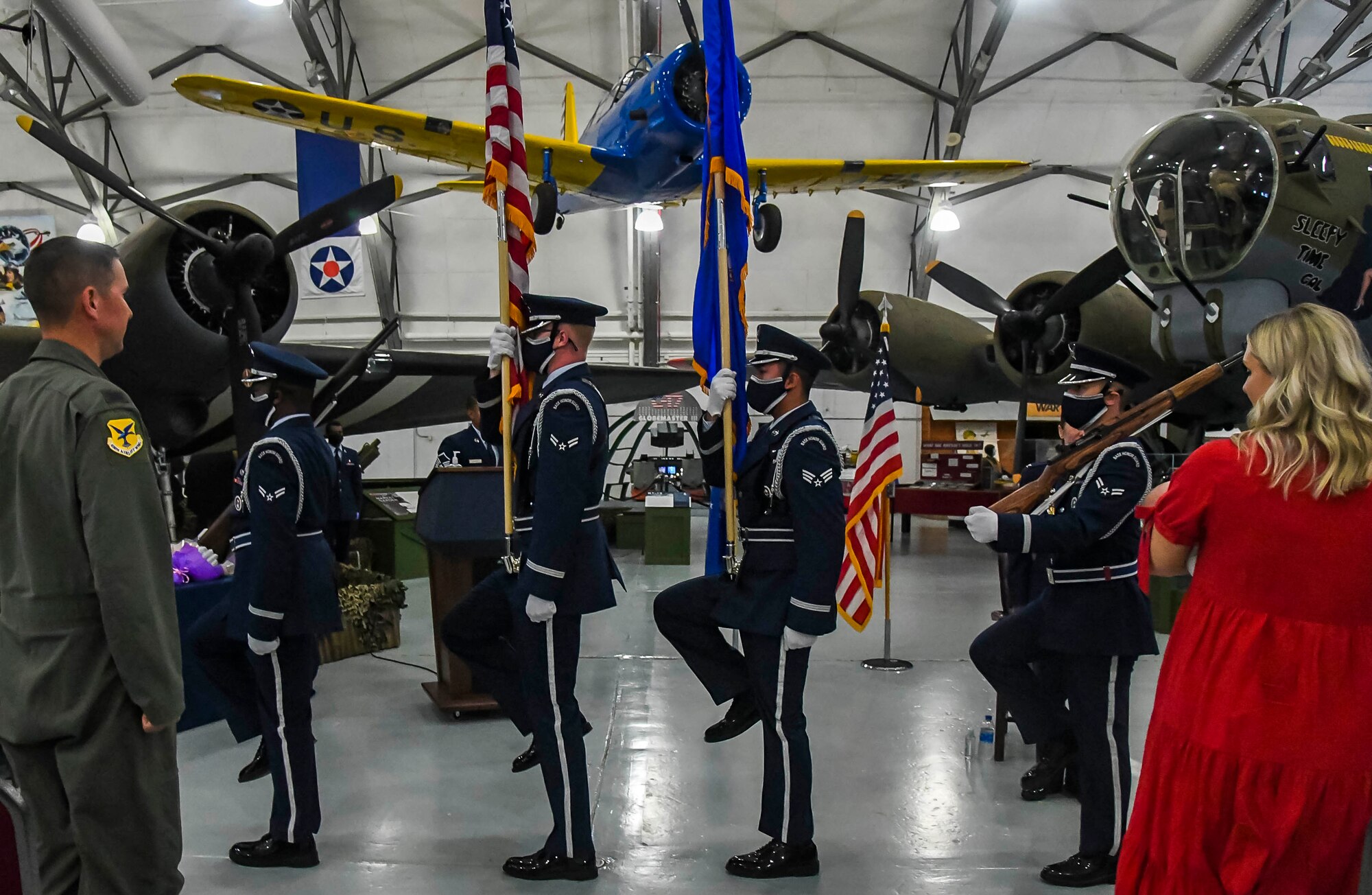 Members of the Dover Air Force Base Honor Guard flag detail perform during the 436th Operational Medical Readiness Squadron change of command ceremony on Dover AFB, Delaware, May 27, 2021. The ceremony saw outgoing commander, Lt. Col. Andrew Rees, relinquish command to Lt. Col. Kristen Nichols. (U.S. Air Force photo by Airman 1st Class Stephani Barge)