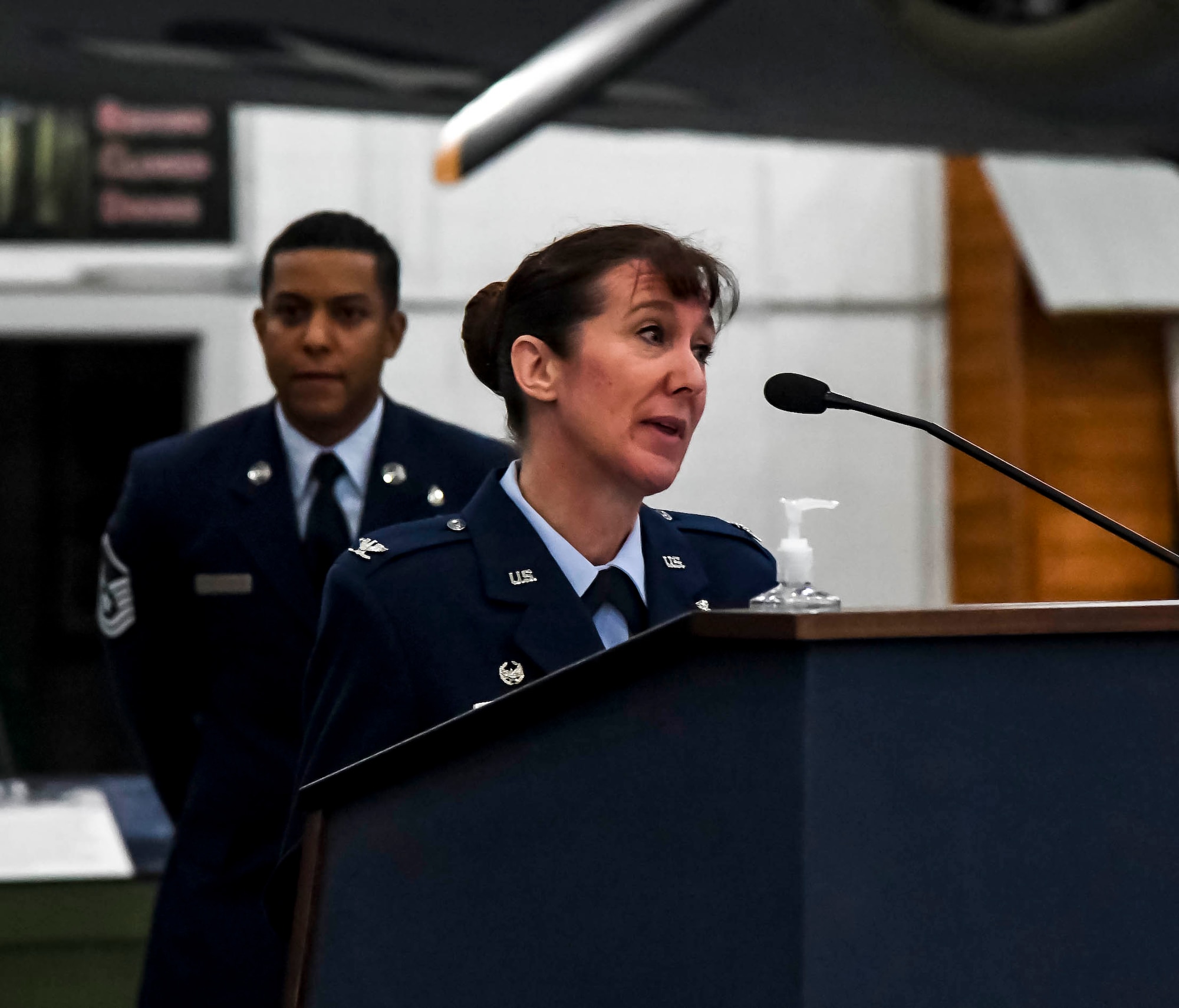 Col. Tracy Allen, 436th Medical Group commander, gives opening remarks during the 436th Operational Medical Readiness Squadron change of command ceremony on Dover Air Force Base, Delaware, May 27, 2021.The ceremony saw outgoing commander, Lt. Col. Andrew Rees, relinquish command to Lt. Col. Kristen Nichols. (U.S. Air Force photo by Airman 1st Class Stephani Barge)