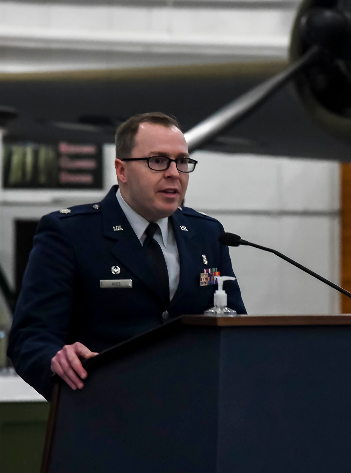 Lt. Col. Andrew Rees, outgoing 436th Operational Medical Readiness Squadron commander, speaks during a change of command ceremony on Dover Air Force Base, Delaware, May 27, 2021. The ceremony saw Rees relinquish command to Lt. Col. Kristen Nichols. (U.S. Air Force photo by Airman 1st Class Stephani Barge)