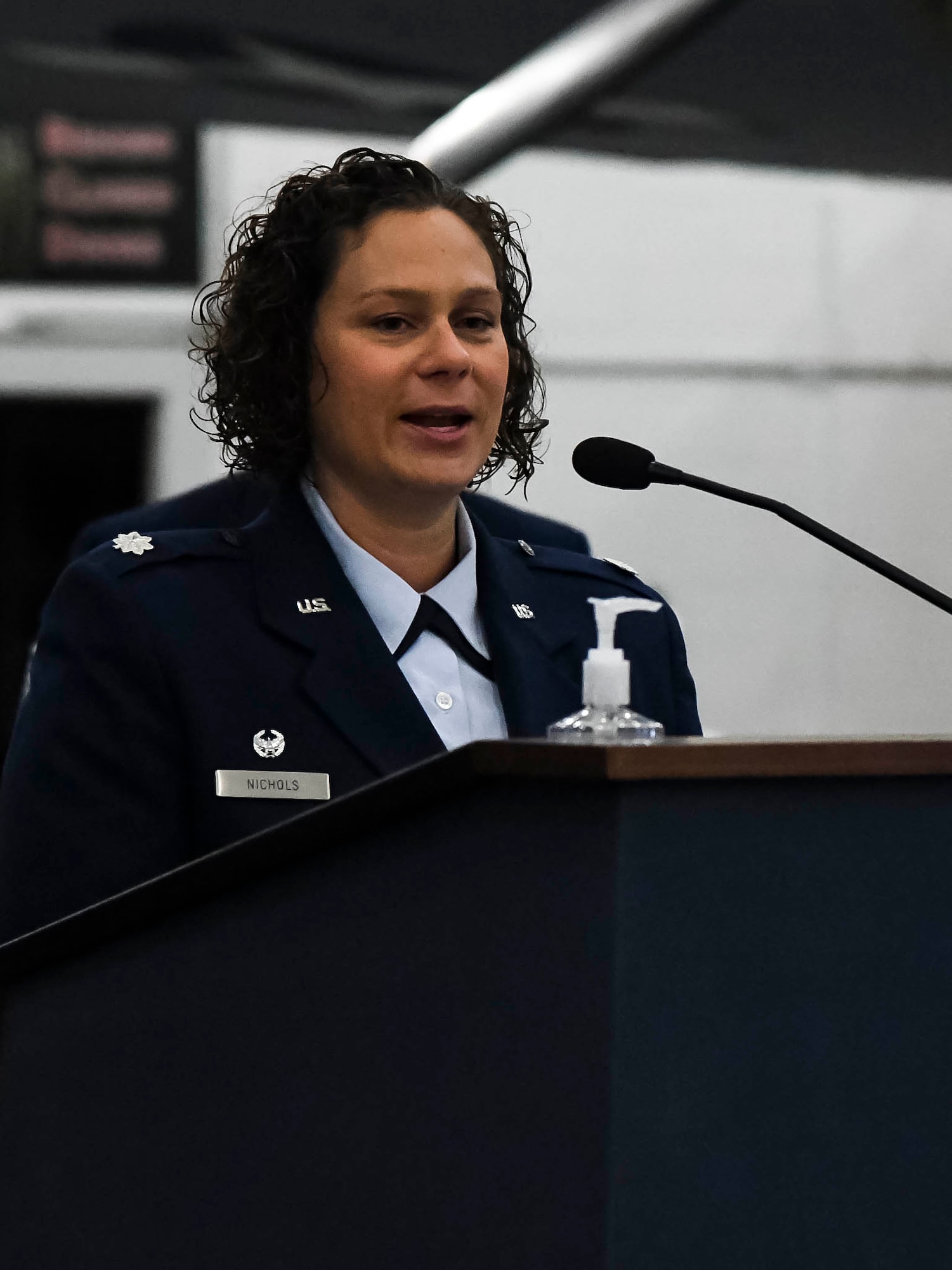 Lt. Col. Kristen Nichols, 436th Operational Medical Readiness Squadron commander, speaks during the 436th OMRS change of command ceremony on Dover Air Force Base, Delaware, May 27, 2021. The ceremony saw Lt. Col. Andrew Rees relinquish command of the 436th OMRS to Nichols. (U.S. Air Force photo by Airman 1st Class Stephani Barge)