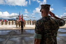 U.S. Marine Corps Lt. Col. Jaret R. Rhinehart salutes Col. Brian T. Koch, commanding officer, Marine Aircraft Group 24, during Marine Aviation Logistics Squadron 24’s change of command ceremony, Marine Corps Air Station Kaneohe Bay, Marine Corps Base Hawaii, May 28, 2021. U.S. Marine Corps Lt. Col. Jaret R. Rhinehart relinquished command to Lt. Col. Erica K. Mantz. (U.S. Marine Corps photo by Lance Cpl. Samantha Sanchez)