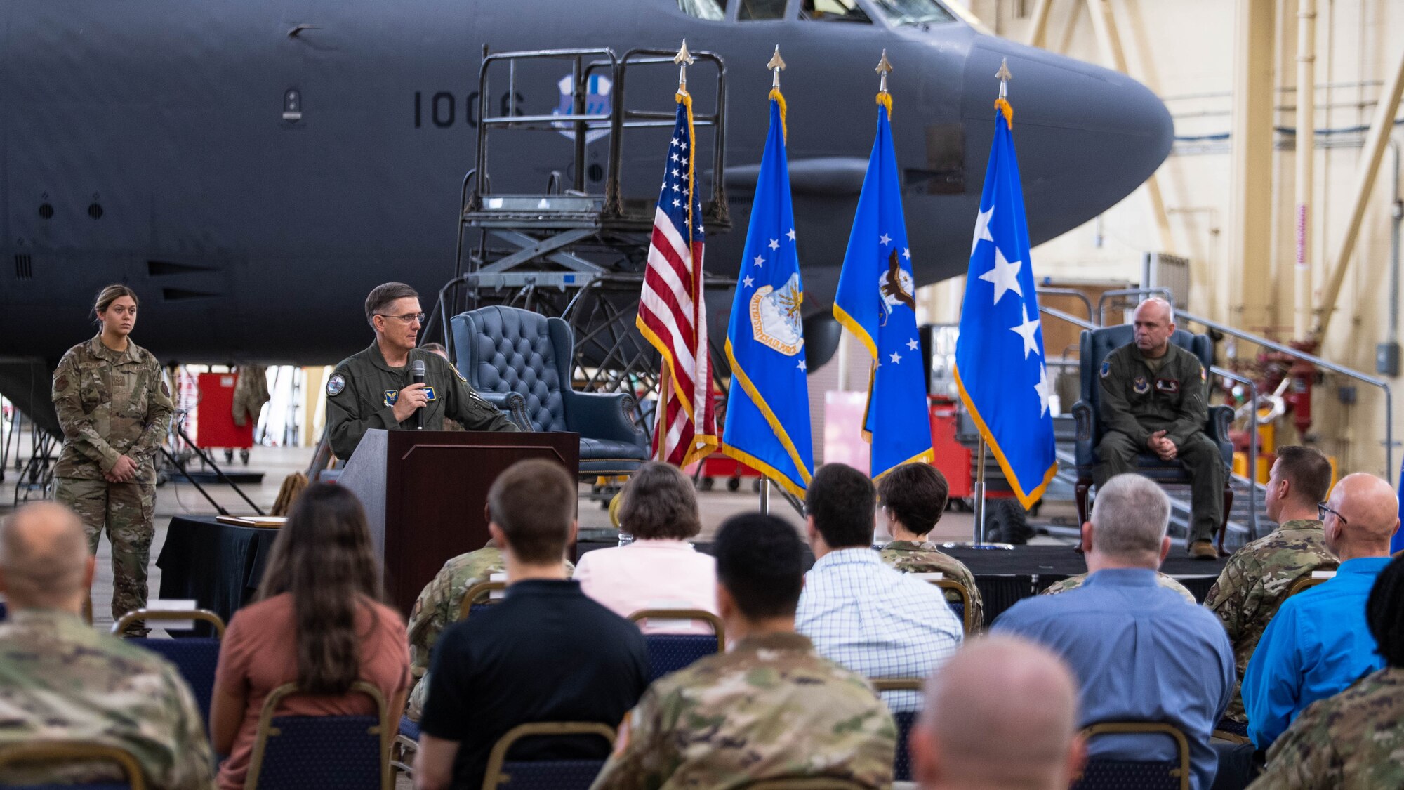 Gen. Timothy M. Ray, Air Force Global Strike Command commander, makes remarks during the U.S. Air Force's Nuclear Command, Control and Communications Center's deactivation ceremony at Barksdale Air Force Base, Louisiana, June 4, 2021. Originally stood up by AFGSC in 2017, the AFNC3 Center was formally deactivated June 4. (U.S. Air Force photo by Senior Airman Jacob B. Wrightsman)