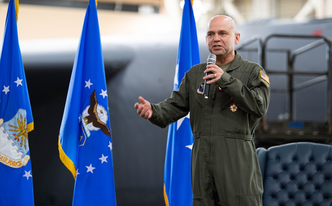 Col. Craig M. Ramsey, outgoing U.S. Air Force Nuclear Command, Control and Communications commander, makes remarks during the AFNC3 Center's deactivation ceremony at Barksdale Air Force Base, Louisiana, June 4, 2021. Originally stood up by AFGSC in 2017, the AFNC3 Center was formally deactivated June 4. (U.S. Air Force photo by Senior Airman Jacob B. Wrightsman)