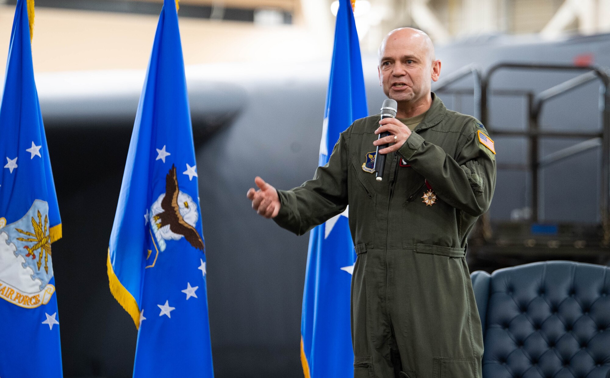 Col. Craig M. Ramsey, outgoing U.S. Air Force Nuclear Command, Control and Communications commander, makes remarks during the AFNC3 Center's deactivation ceremony at Barksdale Air Force Base, Louisiana, June 4, 2021. Originally stood up by AFGSC in 2017, the AFNC3 Center was formally deactivated June 4. (U.S. Air Force photo by Senior Airman Jacob B. Wrightsman)