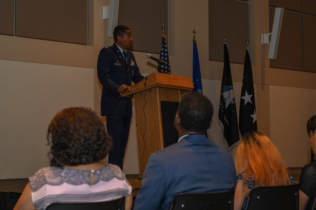 Col. Marcus Jackson, Buckley Garrison commander, addresses the crowd after the transferring of leadership during the Buckley Garrison’s Assumption of Command Ceremony at Buckley Space Force Base, Colo., June 4, 2021. Jackson expressed his gratitude for those who paved the way, his mentors, and his family for their support. He also highlighted the significance of the base renaming ceremony and the honor of serving in this new position. (U.S. Space Force photo by Senior Airman Danielle McBride)