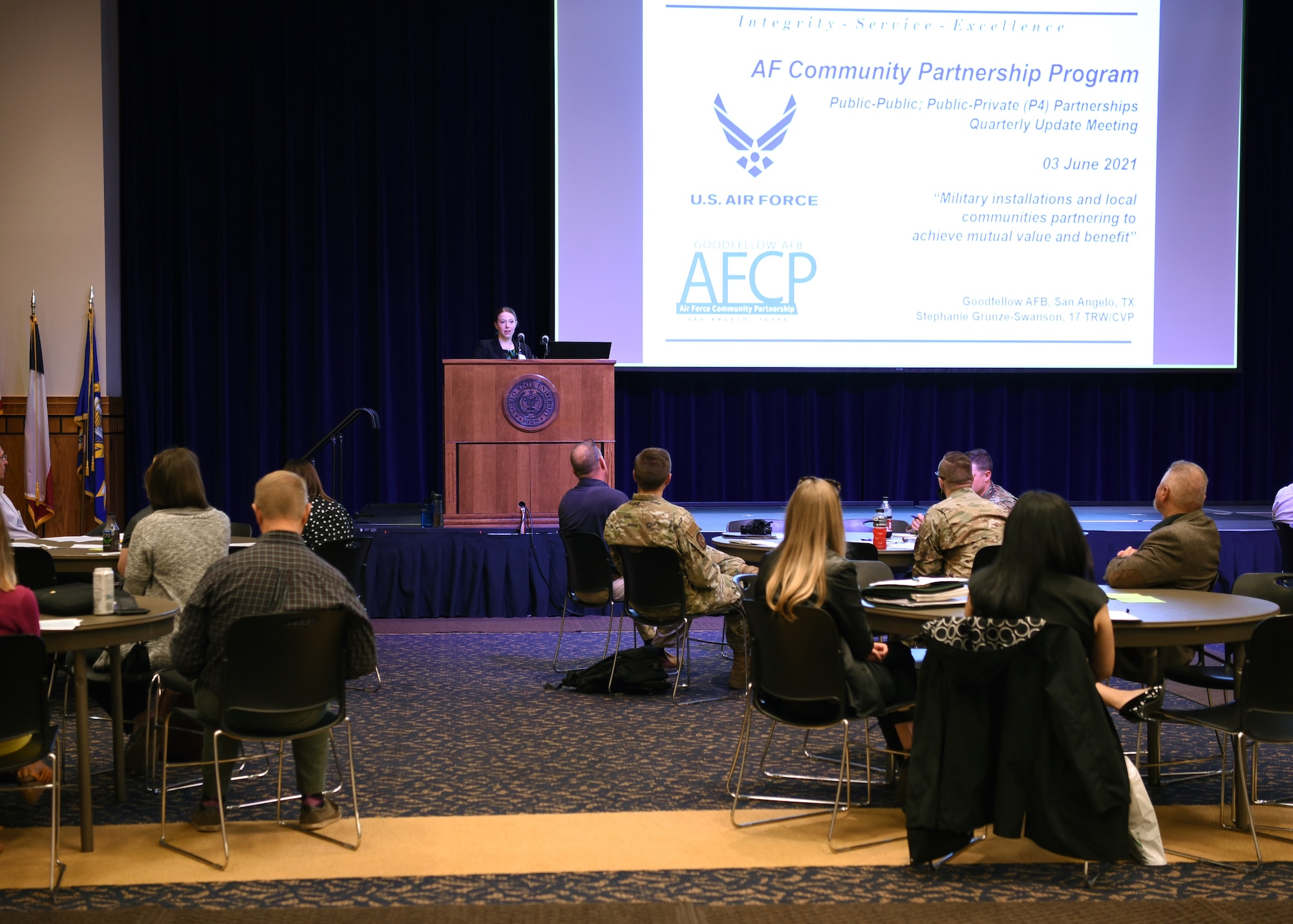 Stephanie Grunze-Swanson, 17th Training Wing community partnership specialist, facilitates the Goodfellow Air Force Community Partnership Program quarterly meeting at Angelo State University’s Houston Harte University Center in San Angelo, Texas, June 3, 2021. The AFCP Program members met in person for the first time in over a year, due to the COVID-19 pandemic. (U.S. Air Force photo by Senior Airman Abbey Rieves)