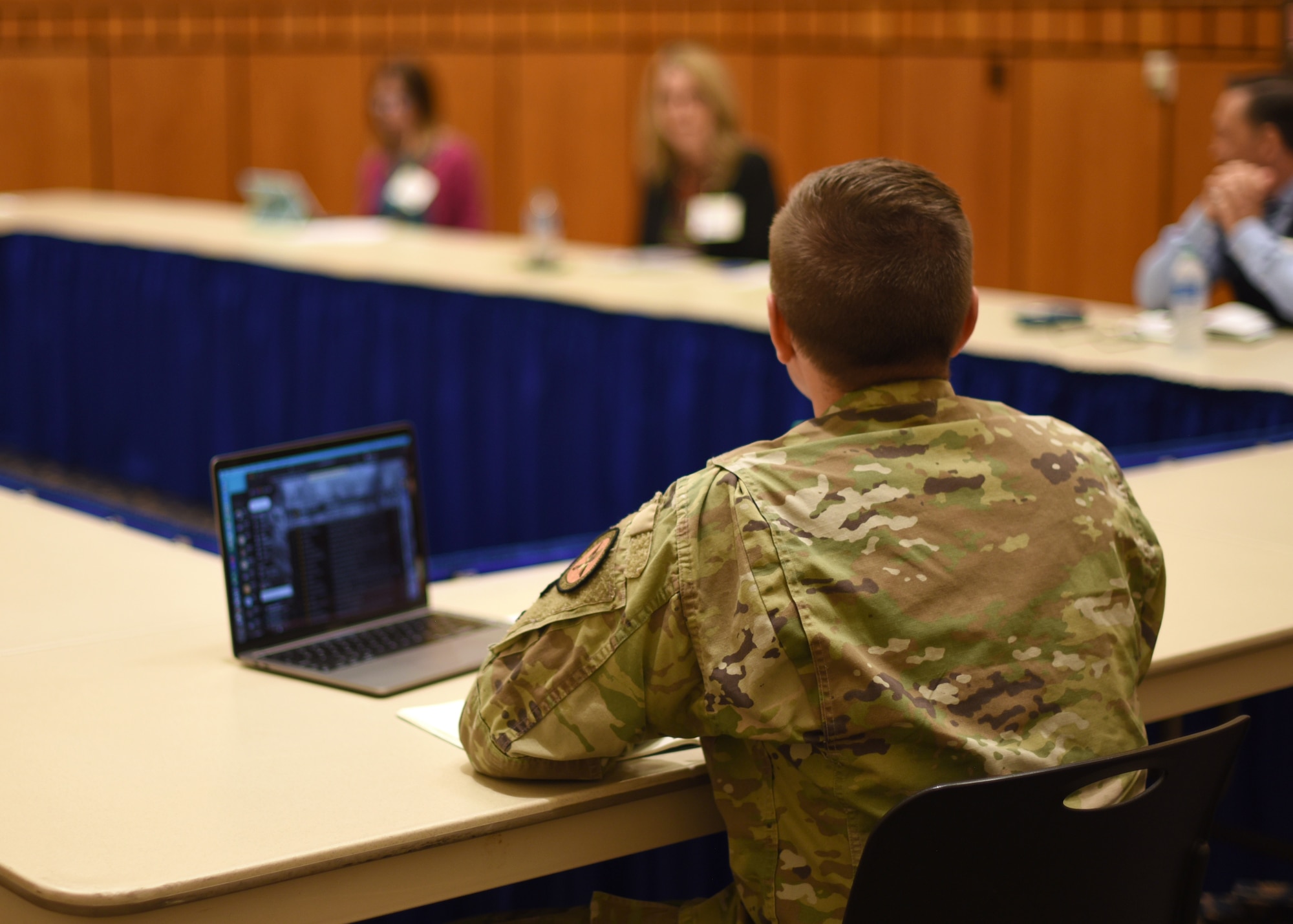 Members of the Goodfellow Air Force Community Partnership Program conduct a discussion at the quarterly update meeting at Angelo State University’s Houston Harte University Center in San Angelo, Texas, June 3, 2021. The discussion emphasized strategies for improving Center for Teaching & Learning Excellence foundations. (U.S. Air Force photo by Senior Airman Abbey Rieves)