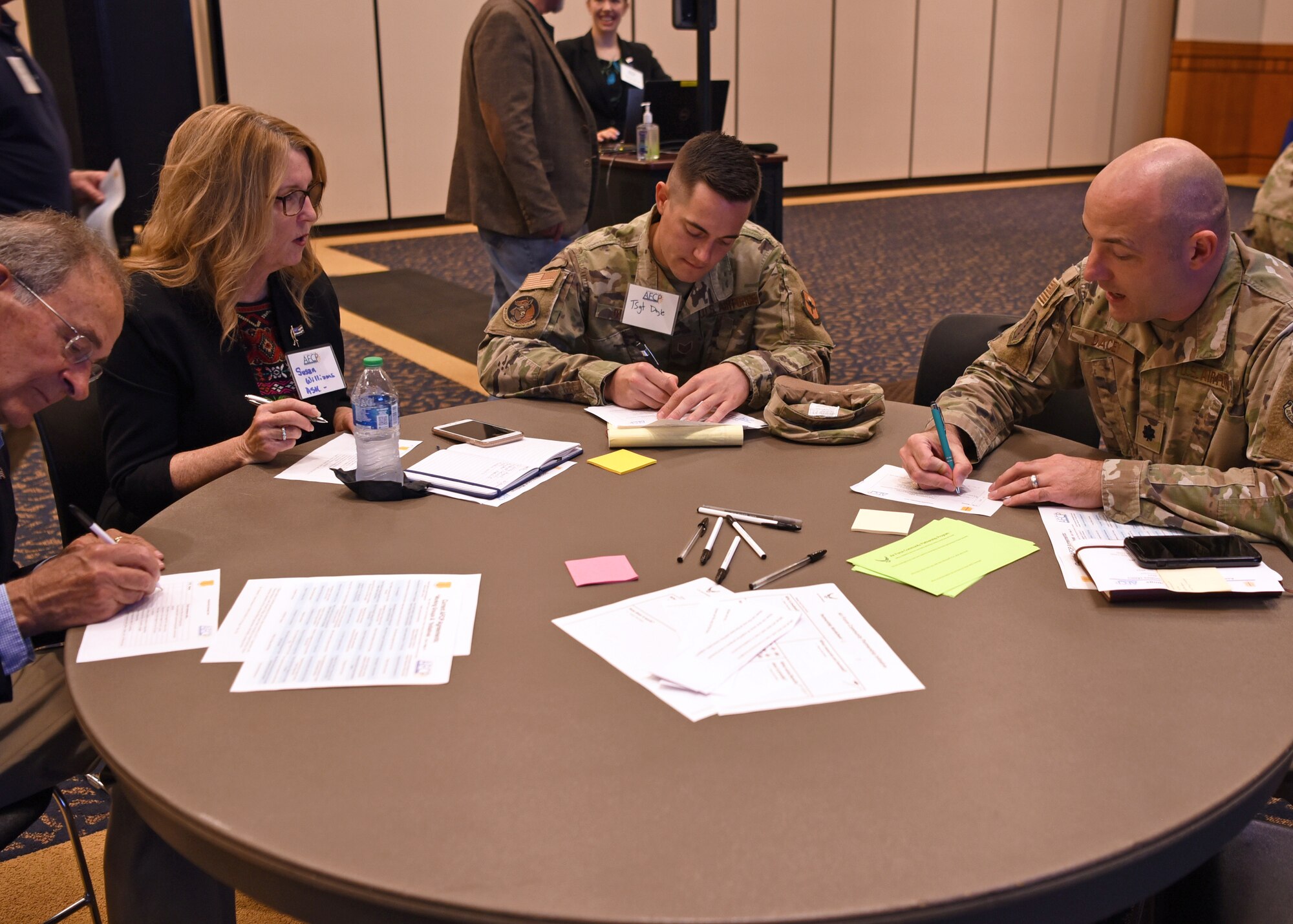 Goodfellow and local community members work together during the Goodfellow Air Force Community Partnership Program quarterly meeting at Angelo State University’s Houston Harte University Center in San Angelo, Texas, June 3, 2021. Meeting attendees networked to build stronger partnerships. (U.S. Air Force photo by Senior Airman Abbey Rieves)
