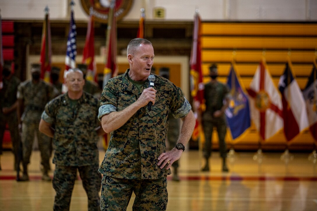 U.S. Marine Corps Maj. Gen. Edward D. Banta, commanding general, Marine Corps Installations Command/Assistant Deputy Commandant, Installations & Logistics, gives his remarks during the change of command ceremony on Marine Corps Base Camp Lejeune, North Carolina, June 4, 2021. (U.S. Marine Corps photo by Lance Cpl. Isaiah Gomez)