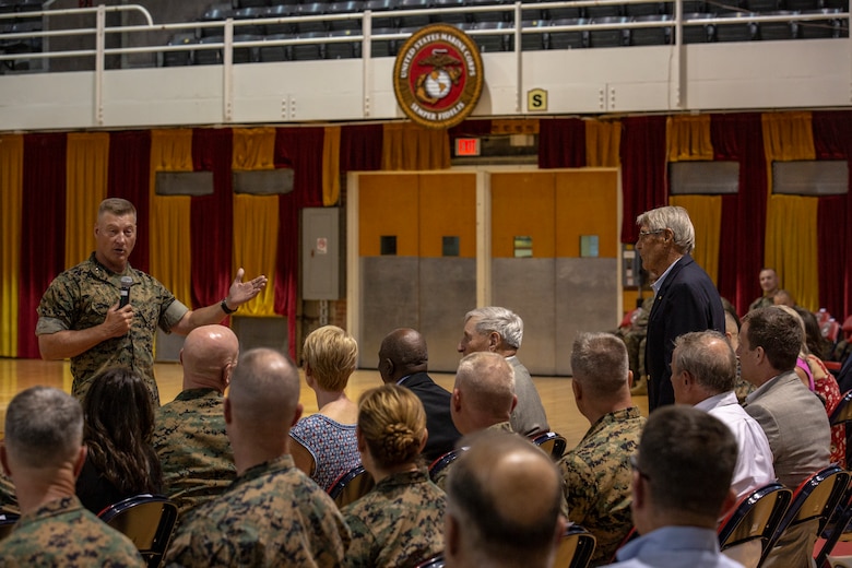 U.S. Marine Corps Maj. Gen. Julian D. Alford, left, outgoing commanding general, Marine Corps Installations East-Marine Corps Base Camp Lejeune, recognizes Louis Bourgault, right, a World War II Marine Corps Veteran during the MCIEAST-MCB Camp Lejeune change of command ceremony on MCB Camp Lejeune, North Carolina, June 4, 2021. (U.S. Marine Corps photo by Lance Cpl. Isaiah Gomez)