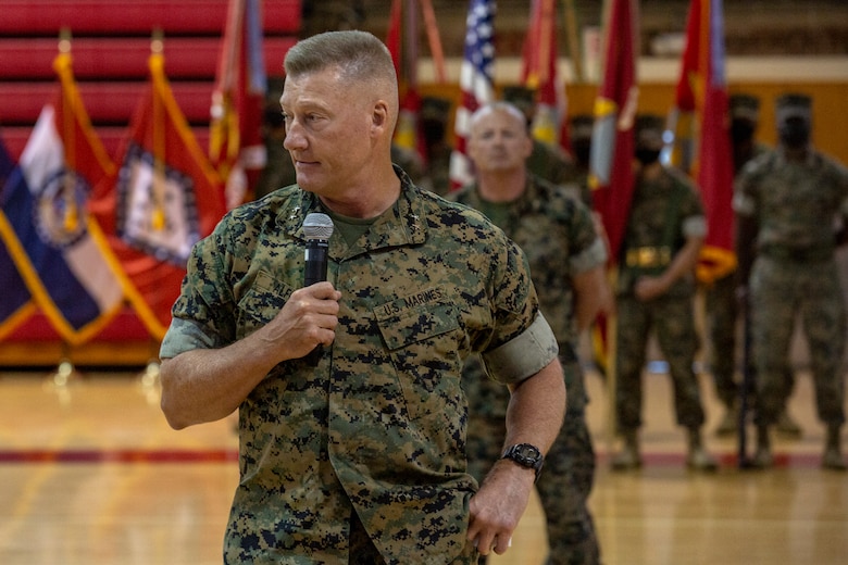 U.S. Marine Corps Maj. Gen. Julian D. Alford, outgoing commanding general, Marine Corps Installations East-Marine Corps Base Camp Lejeune, gives his remarks during the MCIEAST-MCB Camp Lejeune change of command ceremony on MCB Camp Lejeune, North Carolina, June 4, 2021. (U.S. Marine Corps photo by Lance Cpl. Isaiah Gomez)