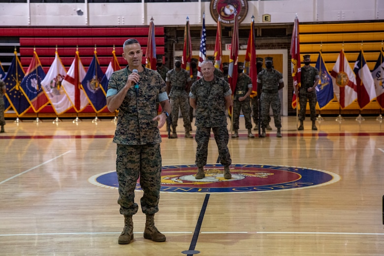 U.S. Marine Corps Brig. Gen. Andrew M. Niebel, incoming commanding general, Marine Corps Installations East-Marine Corps Base Camp Lejeune, gives his remarks during the MCIEAST-MCB Camp Lejeune change of command ceremony on MCB Camp Lejeune, North Carolina, June 4, 2021. (U.S. Marine Corps photo by Lance Cpl. Isaiah Gomez)