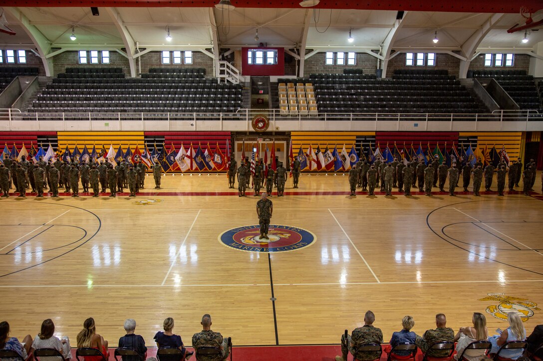 U.S. Marines with Headquarters and Support Battalion, Marine Corps Installations East-Marine Corps Base Camp Lejeune, stand at attention during the MCIEAST-MCB Camp Lejeune change of command ceremony on MCB Camp Lejeune, North Carolina, June 4, 2021. (U.S. Marine Corps photo by Lance Cpl. Isaiah Gomez)