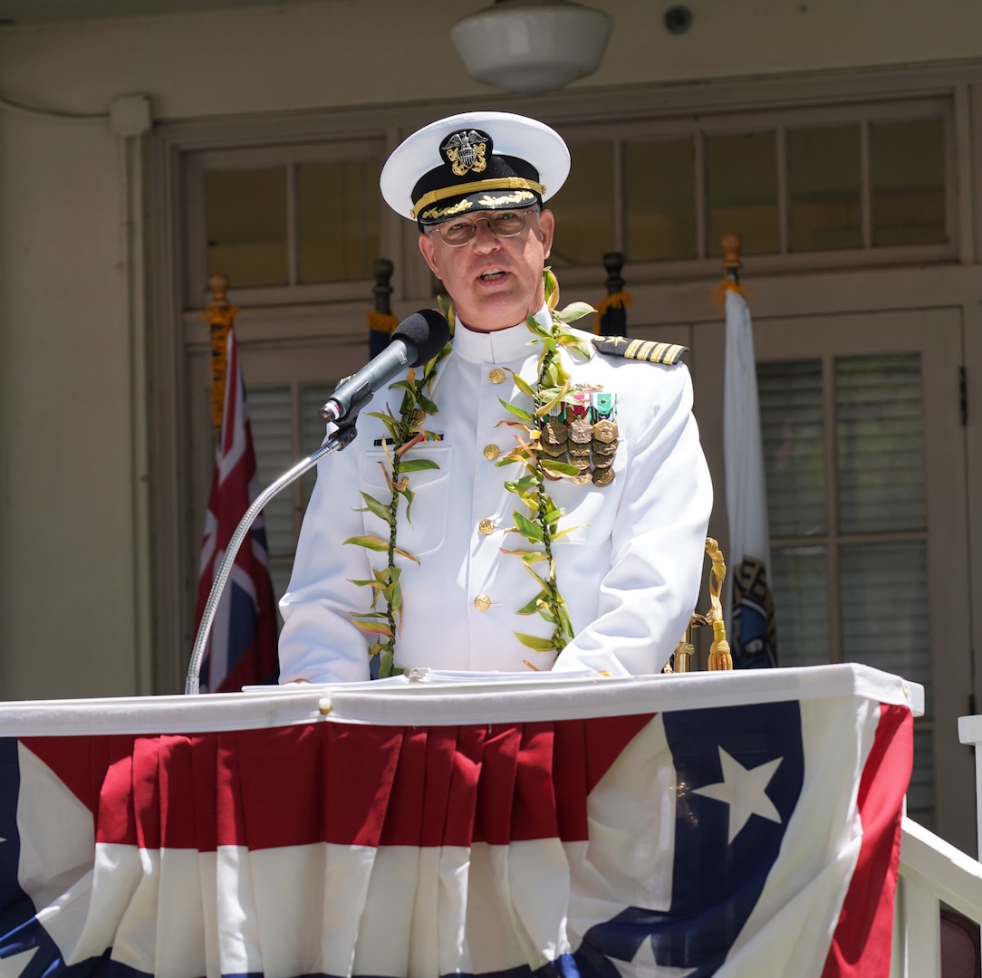 Pearl Harbor, Hawaii (June 4, 2021) Captain Richard Jones, commander of Pearl Harbor Naval Shipyard and Intermediate Maintenance Facility (PHNSY & IMF), addresses attendees after relieving outgoing commander, Captain Greg Burton, at PHNSY & IMF's change of command ceremony.  PHNSY & IMF is a field activity of NAVSEA and a one-stop regional maintenance center for the Navy’s surface ships and submarines. (U.S. Navy photo by Justice Vannatta/Released)