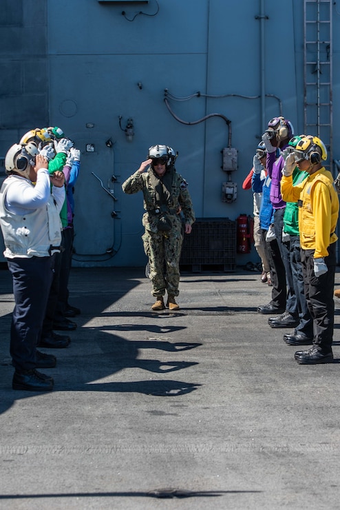 PHILIPPINE SEA (June 2, 2021) Vice Adm. Bill Merz, commander, U.S. 7th Fleet, departs the U.S. Navy’s only forward-deployed aircraft carrier USS Ronald Reagan (CVN 76). During Merz’s visit he attended meetings with warfare commanders and provided a message to the crew over the ship’s announcement system. Ronald Reagan, the flagship of Carrier Strike Group 5, provides a combat-ready force that protects and defends the United States, as well as the collective maritime interests of its allies and partners in the Indo-Pacific region.