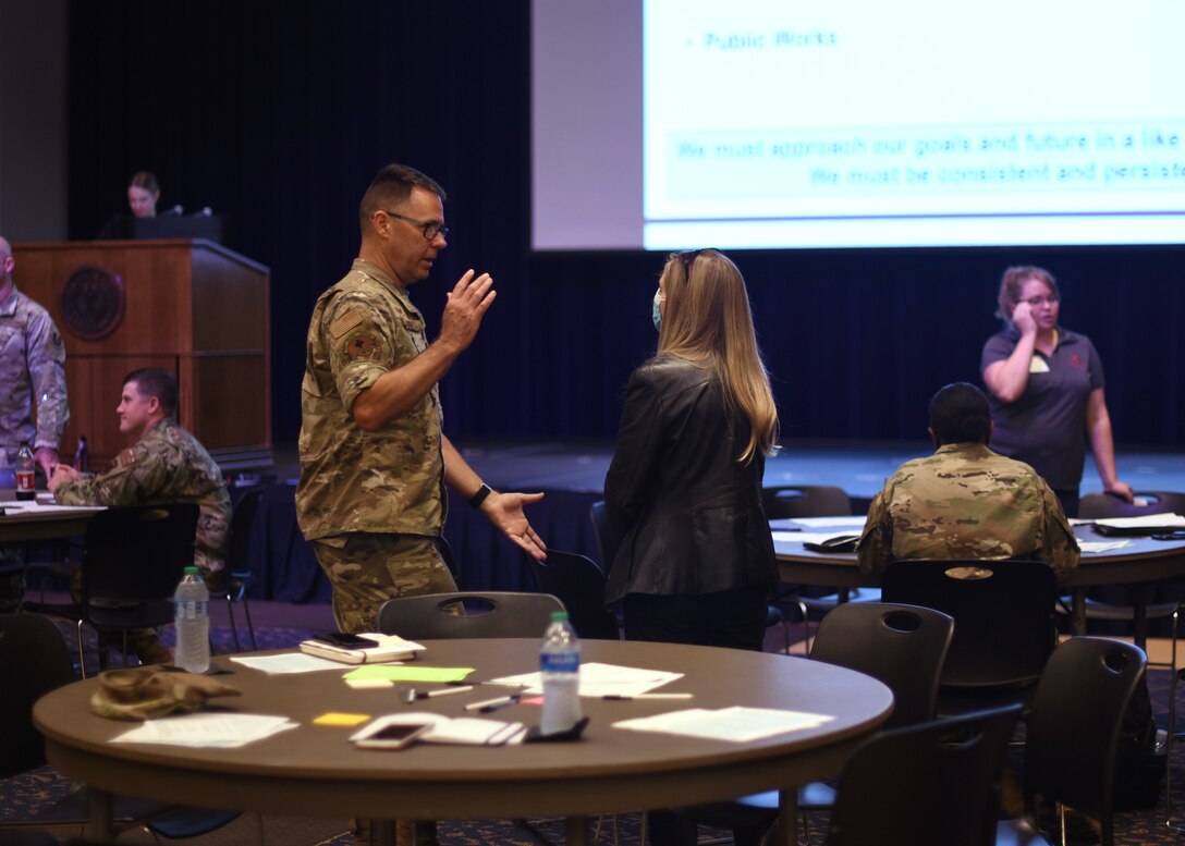 U.S. Air Force Lt. Col. Roy Louque, 17th Operational Medical Readiness Squadron commander, talks with a fellow Goodfellow Air Force Community Partnership Program member at the quarterly meeting at Angelo State University’s Houston Harte University Center in San Angelo, Texas, June 3, 2021. One of the Goodfellow AFCP Program’s goals is to enhance resiliency, suicide prevention and mental health across the civic-base community. (U.S. Air Force photo by Senior Airman Abbey Rieves)