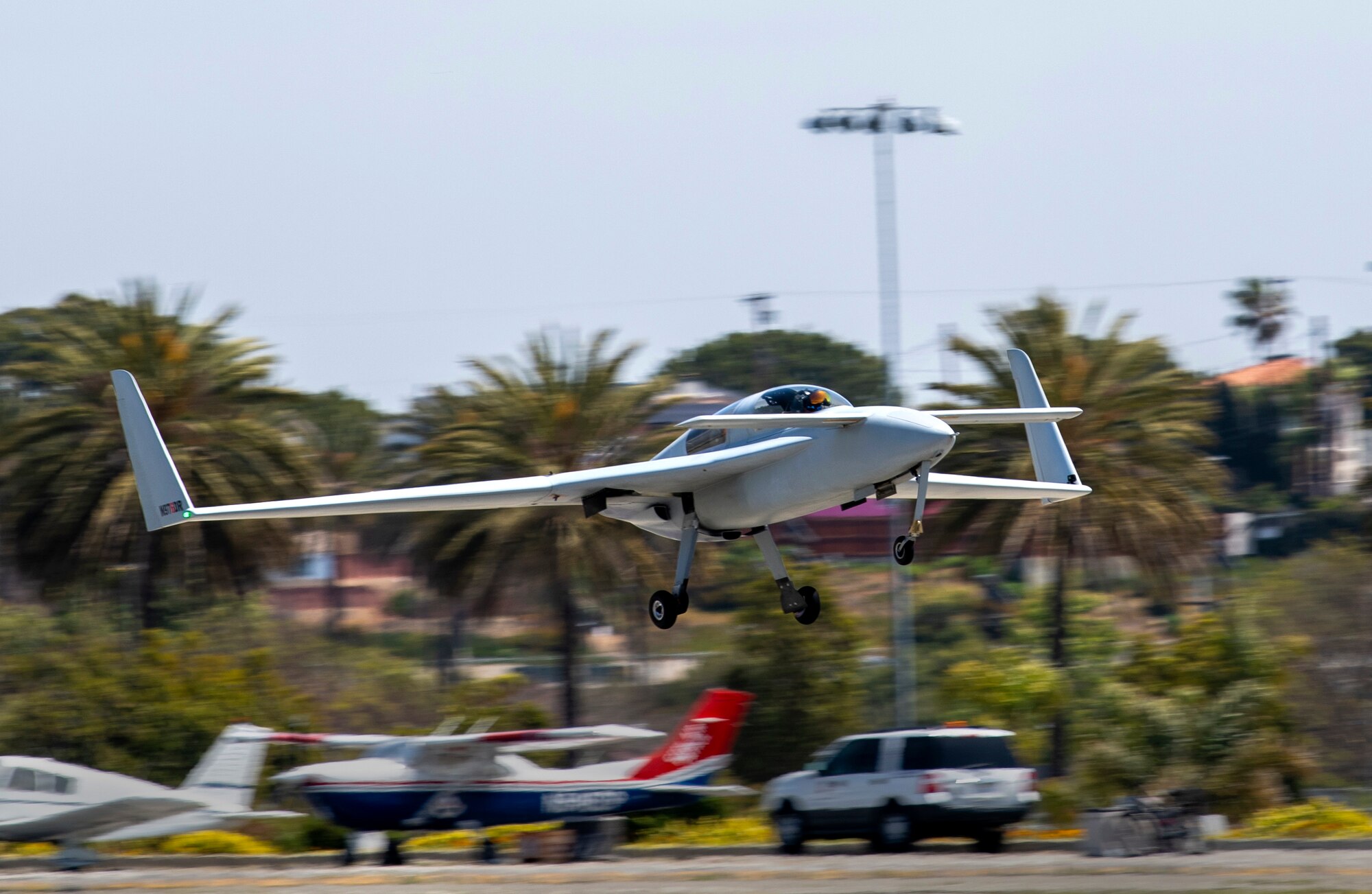 A Berkut takes off from the runway in Santa Monica, Calif., April 14, 2021.
