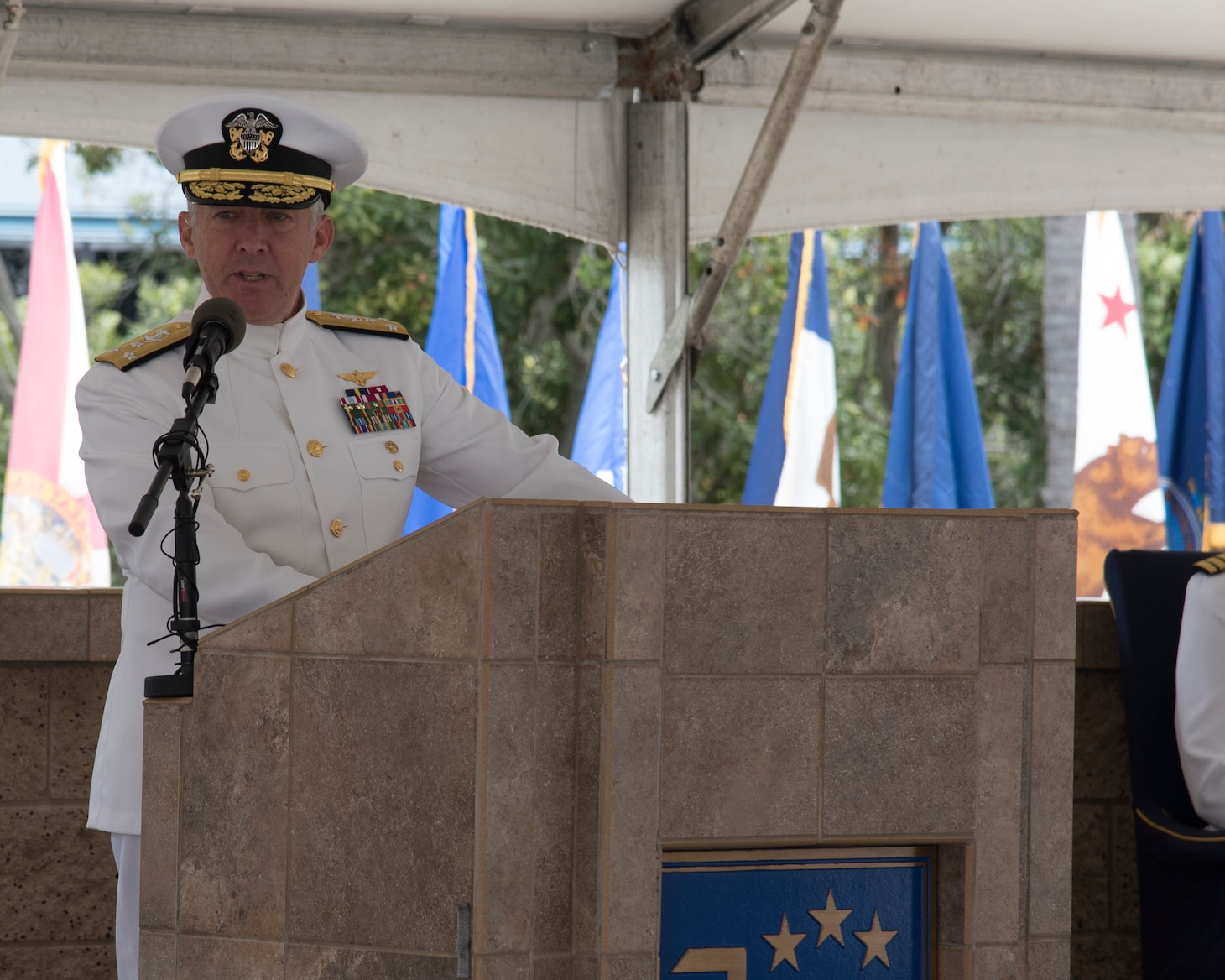 Vice Adm. Scott D. Conn, commander, U.S. 3rd Fleet, delivers remarks during a change of command ceremony on Naval Base Point Loma, June 3. Vice Adm.